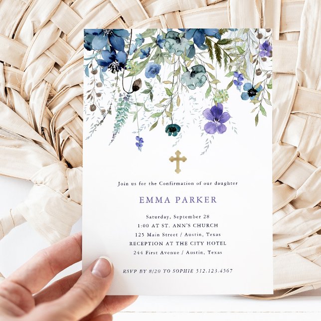 Delikate Wildblumen Lila und Blue Confirmation Einladung (Von Creator hochgeladen)