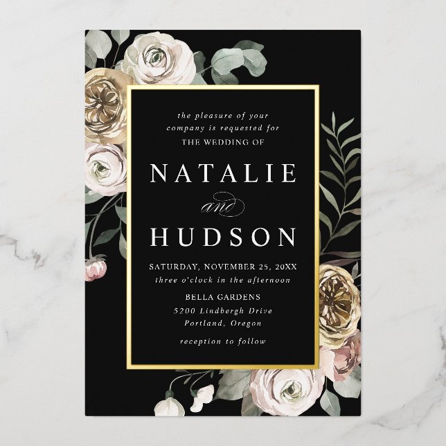 Delikate Winter Floral Frame Wedding Folieneinladung (Vorderseite)