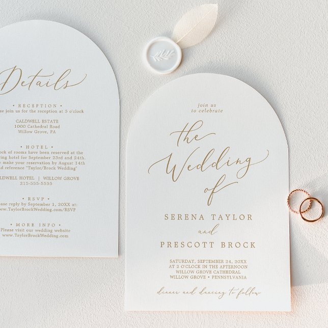 Delikater Goldkalligraphie-Arch auf einer Hochzeit Einladung (Delicate Gold Calligraphy Arch All In One Wedding Invitation)