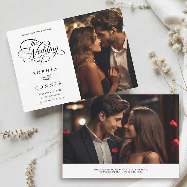 Delikates, elegantes Script-Hochzeitsskript-Foto Save The Date (Front & Back)