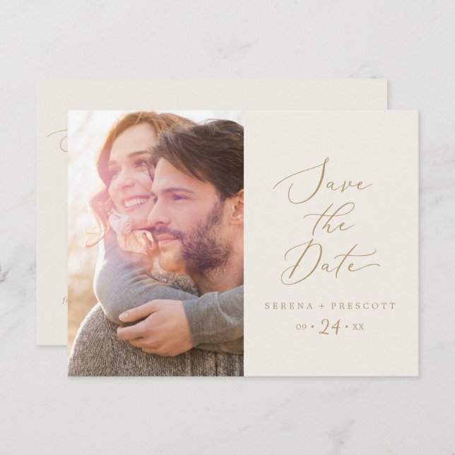 Delikates Foto aus Gold und Creme Save the Date Einladungspostkarte (Vorne/Hinten)