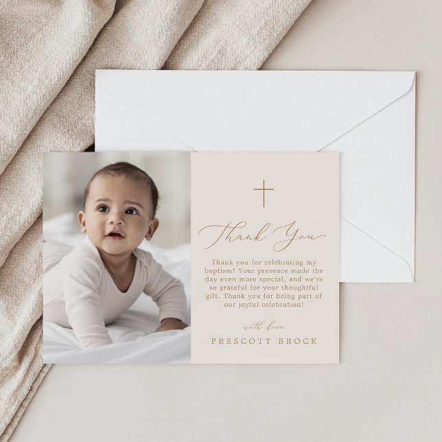 Delikates Gold Cream Foto Einfache Cross Baptisse Dankeskarte (Delicate Gold Cream Photo Simple Cross Baptism Thank You Card)