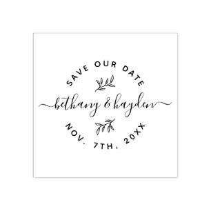 Delikates Leaf & Rustikales Skript   SAVE THE DATE Gummistempel