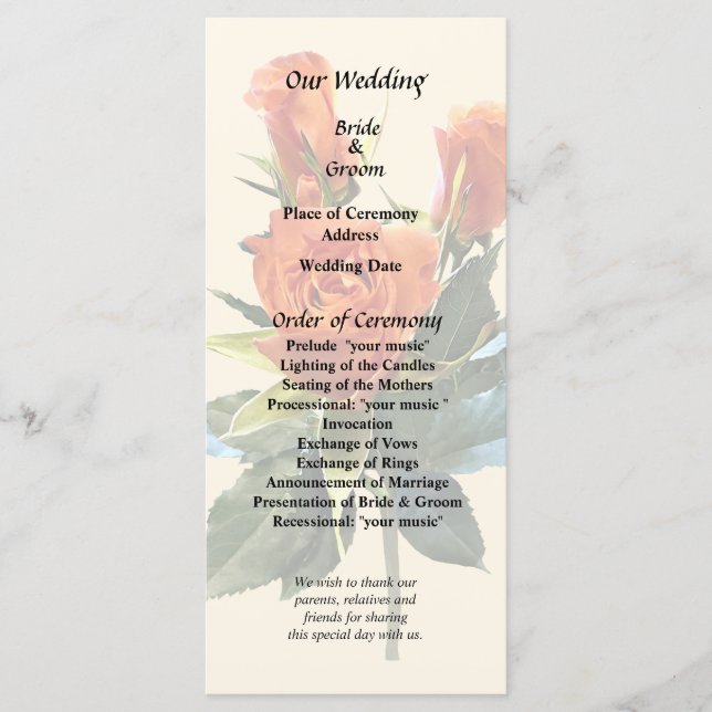 Delikates Orange Rosenknospe Hochzeitsprogramm Programm (Vorderseite)