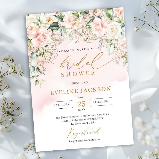 Delikates, pastellrosa Rosen, goldenes Brautparty Einladung (Boho Blush pink floral eucalyptus gold bridal shower invitation digital download)