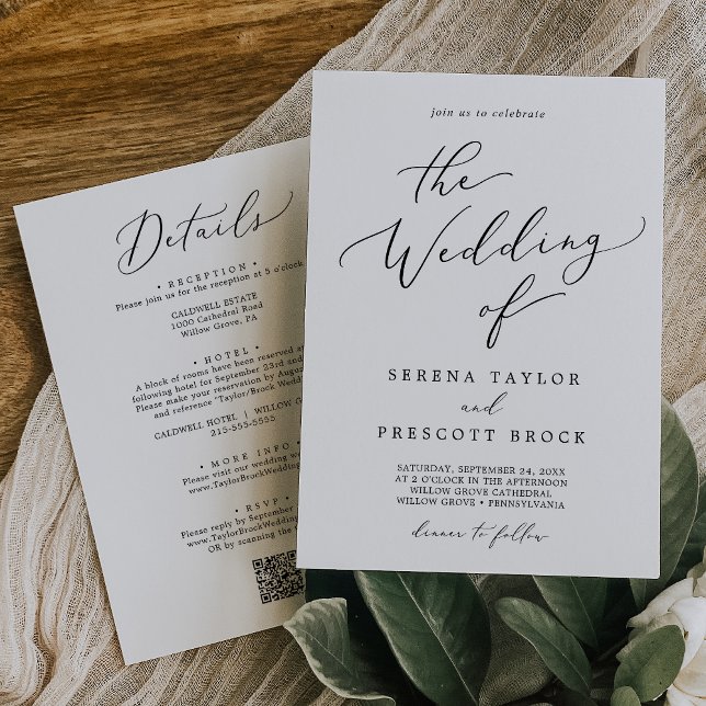 Delikates Schwarz in einer QR-Dinner Hochzeit Einladung (Delicate Black All In One QR Dinner Wedding Invitation)