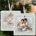 Delikates Snowflake Foto Rahmen Baby Birth Stats Keramikornament<br><div class="desc">Babygeburt steht für Foto-Ornament mit zarten, weißen Schneeflocken auf sanftem grünem Hintergrund. Die Fotovorlage steht Ihnen zur Verfügung, Ihr Baby-Foto hinzuzufügen, das mit Ihren Neugeborenen-Statistiken gerahmt ist. Sie können das gleiche Foto oder ein anderes Bild auf der Rückseite hinzufügen, beide werden im quadratischen Format angezeigt. Wenn Sie Probleme mit der...</div>