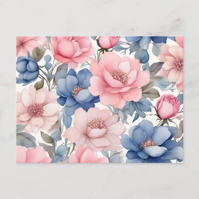 Delikates Watercolor Blau- und Rosa-Blume-Muster Postkarte (Vorderseite)