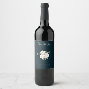 Delikates White Roses Navy Blue Wedding Wine Label Weinetikett