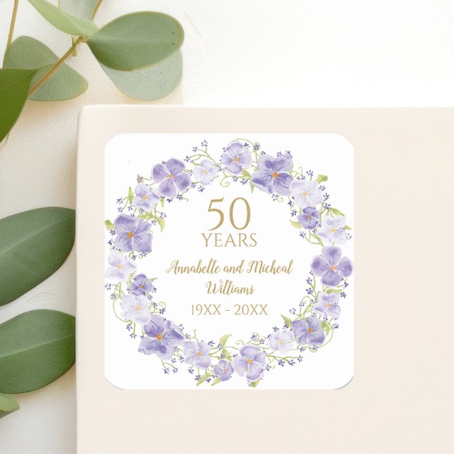 Delikatesse Lavendel Blumengarten 50. Hochzeit Quadratischer Aufkleber (Von Creator hochgeladen)