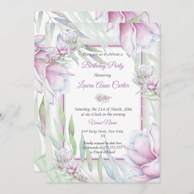 Delikatesse Pink Lilac Floral Watercolor Geburtsta Einladung (Vorne/Hinten)