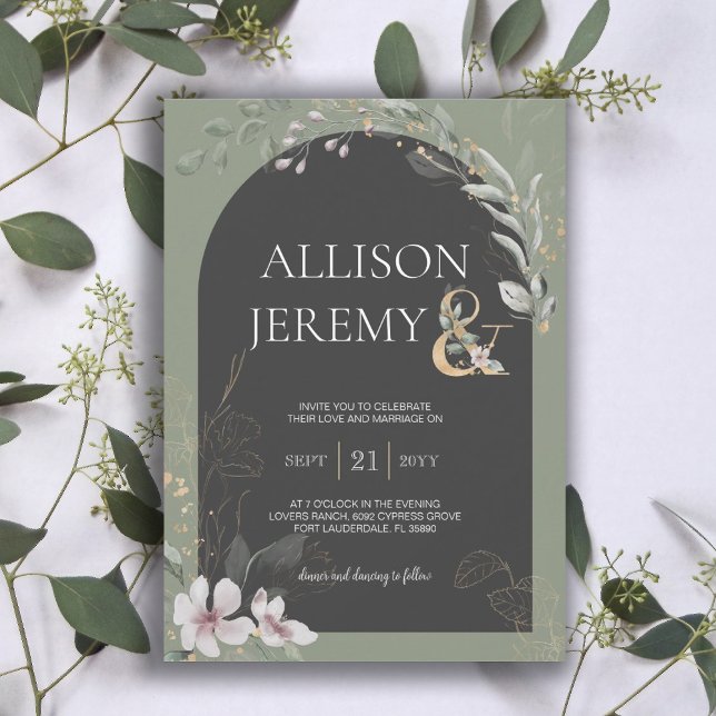 DelikatesseGrüne Botanische Blumenhochzeit einlade Einladung (Delicate Botanical Greenery Sage Green Charcoal Arch Wedding Invitation)