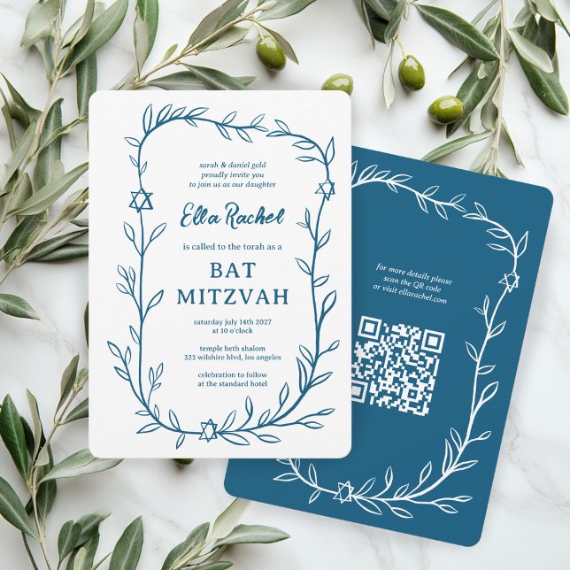 Delikatessen Botanischer Bar Bat Mitzvah CUSTOM QR Einladung (Delicate Botanical Bar Bat Mitzvah CUSTOM QR Code Invitation
)