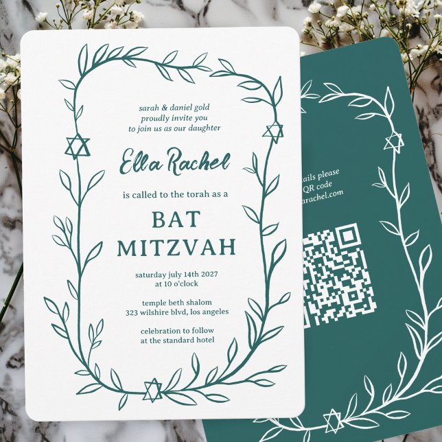 Delikatessen Botanischer Bar Bat Mitzvah CUSTOM QR Einladung (Delicate Botanical Bar Bat Mitzvah CUSTOM QR Code Invitation Green White Doodle Sketch Hand Drawn)