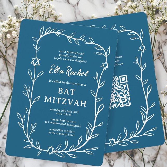 Delikatessen Botanischer Bar Bat Mitzvah CUSTOM QR Einladung (Delicate Botanical Bar Bat Mitzvah CUSTOM QR Code Invitation Blue White Hand Drawn Elegant
)