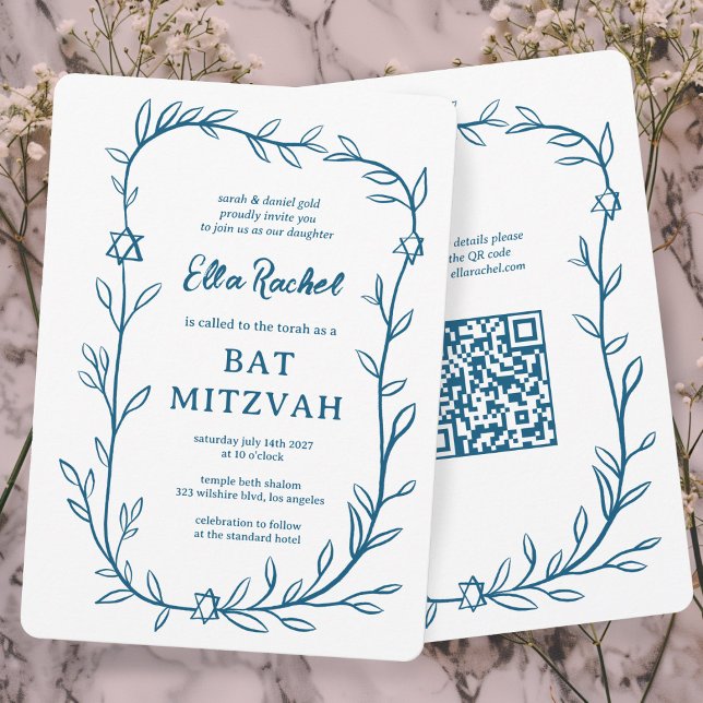 Delikatessen Botanischer Bar Bat Mitzvah CUSTOM QR Einladung (Delicate Botanical Bar Bat Mitzvah CUSTOM QR Code Invitation
Blue White Doodle Sketch Hand Drawn)