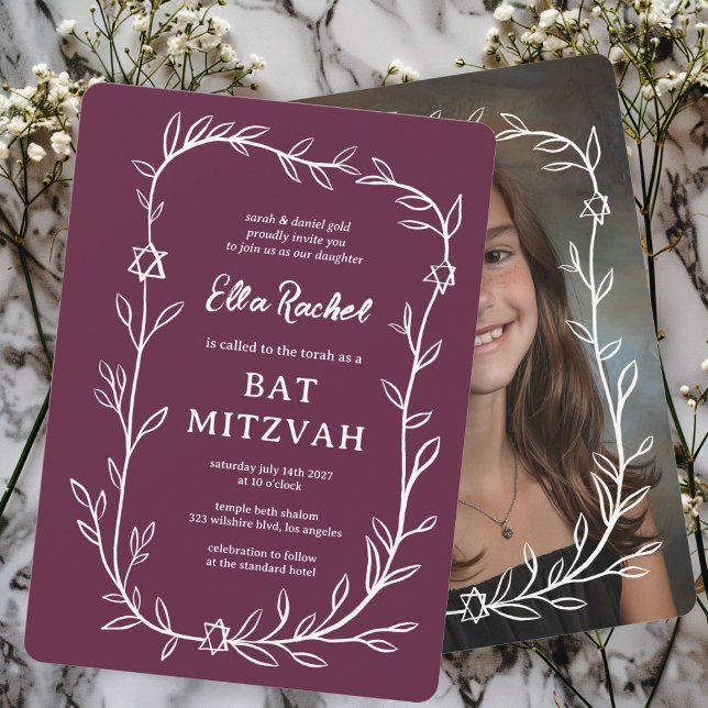 Delikatessen Botanisches CUSTOM FOTO Bar Bat Mitzv Einladung (Delicate Botanical CUSTOM PHOTO Bar Bat Mitzvah Invitation Purple White Hand Drawn Leafy Trendy
)