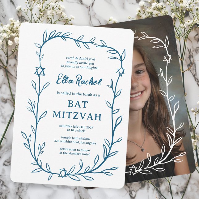Delikatessen Botanisches CUSTOM FOTO Bar Bat Mitzv Einladung (Delicate Botanical Leafy Frame Star of David CUSTOM PHOTO Bar Bat Mitzvah Invitation Elegant Trendy)