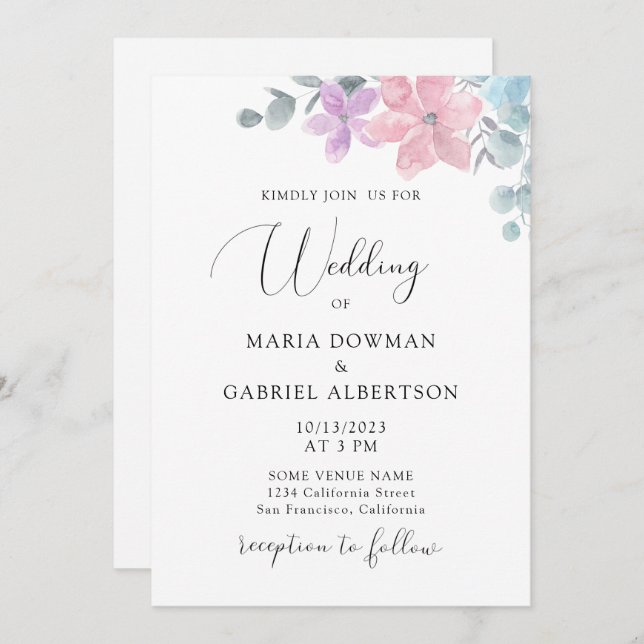 Delikatessen in Pastellfarben, botanisch Hochzeits Einladung (Vorne/Hinten)