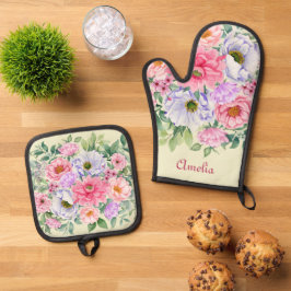 Delikatessen Pastel Watercolor Sommergarten Floren Ofenhandschuh & Topflappen-Set