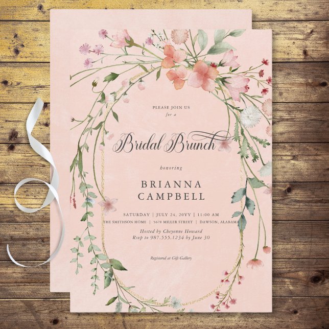 Delikatessen Rosa Rustikale Wildblumen Bridal Brun Einladung (Delicate Pink Rustic Wildflowers Bridal Brunch Invitation)