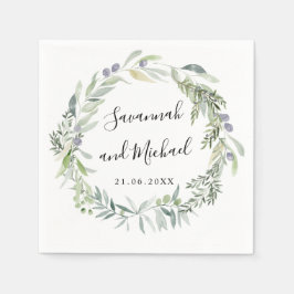 Delikatfarbene Oliven und Blätter Hochzeitsmonogra Serviette