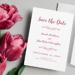 Delikatskript Romantische Kalligraphie Magenta Red Save The Date<br><div class="desc">Elegant, delikat speichern Sie die Dattelkarten in schönen magentafarbenen rot und weiß sind klassisch, formell und zeitlos. Das grenzenlose romantische Design erlaubt es Ihnen, die Papierform für Ihre Verlobung-Ankündigung ganz einfach zu wählen. Zwei dekorative Schnörkel, die jeweils ein Herz aus Single enthalten, umhüllen den Namen der Braut und des Bräutigams....</div>