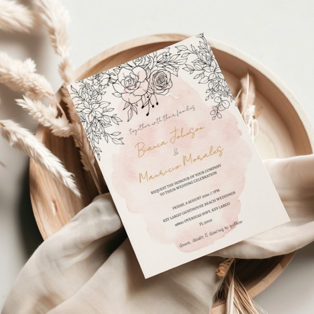 Delikatter Pinselstrich mit modernem schwarzem Bot Einladung (Delicate Blush Wash with Modern Black Botanical Invitation)