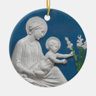 Della Robbia Madonna & Child w/ Lilies Blue White Keramik Ornament