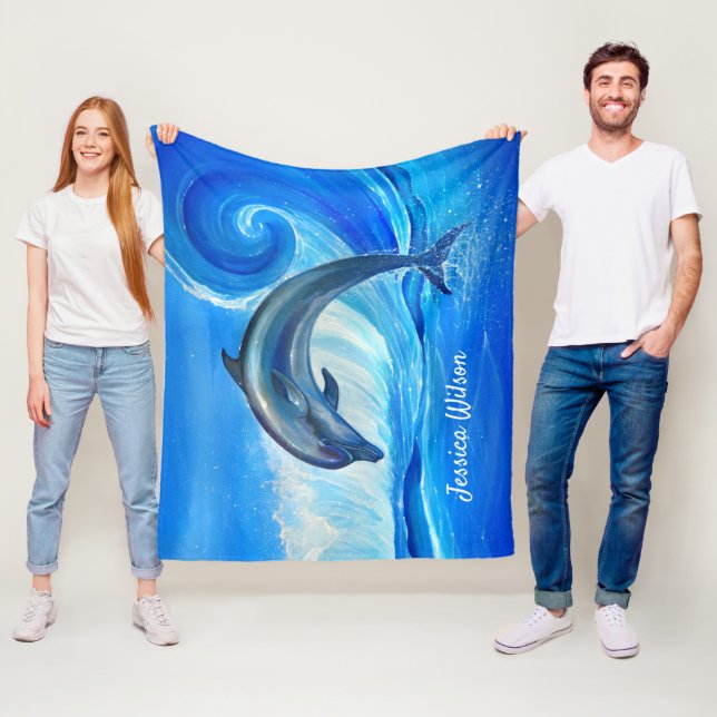 Delphin bedeckt | blaue Ozean-Wellen-Fleece Fleecedecke (Beispiel)
