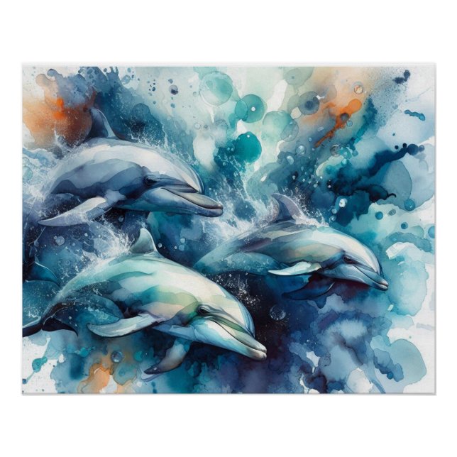 Delphin Burst Wasserfarbe und Digital Poster (Vorderseite)