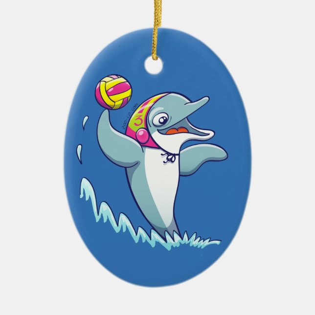 Delphin, der den Ball beim Spielen des Wasserballs Keramikornament (Vorne)
