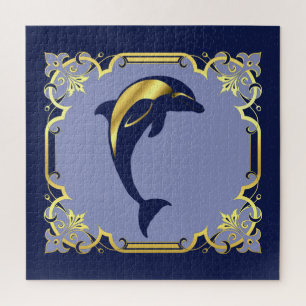 Delphin-Silhouette/Gold/Marineblau Puzzle