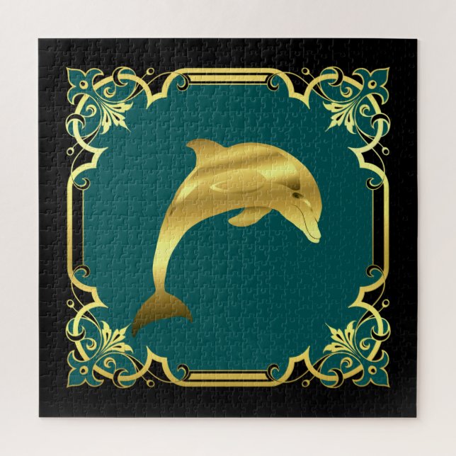 Delphin-Silhouette/Gold/Schwarz/Aqua Puzzle (Vertikal)