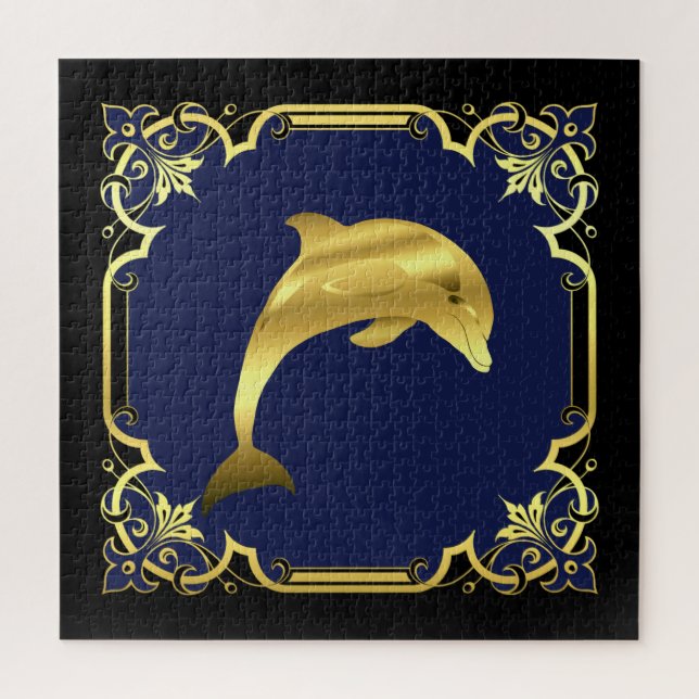 Delphin-Silhouette/Gold/Schwarz/Marine Puzzle (Vertikal)
