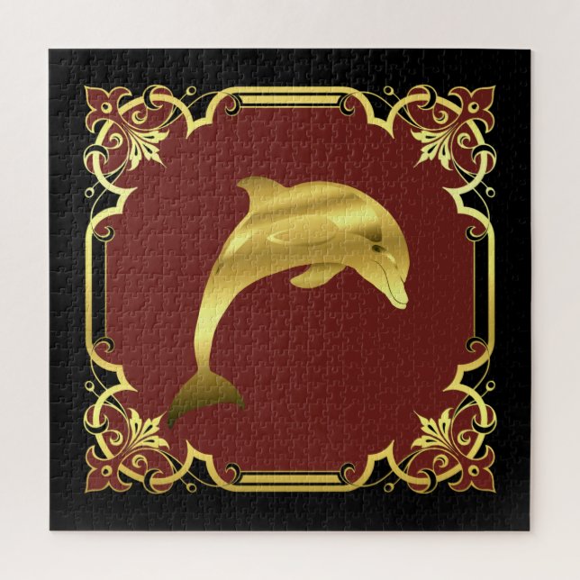 Delphin-Silhouette/Gold/Schwarz/Rot Puzzle (Vertikal)