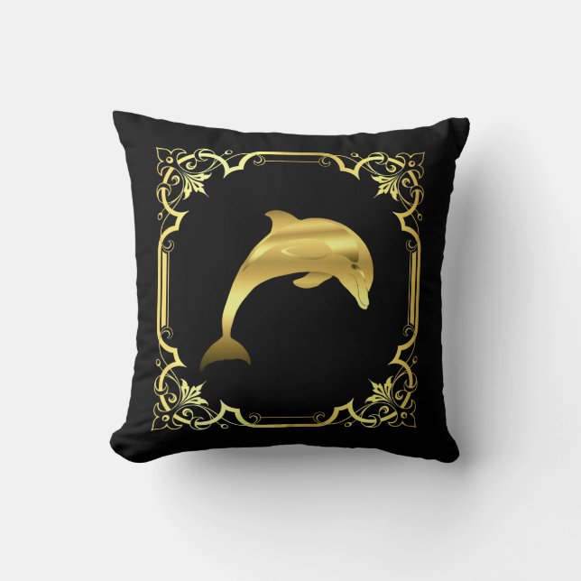 Delphin-Springen Silhouette/Gold/Schwarz Kissen (Vorderseite)