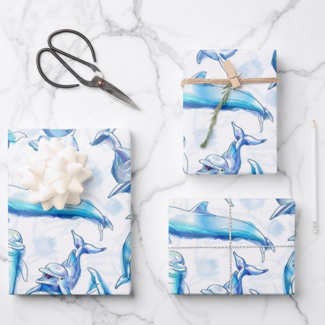 Delphin, wasserfarbig, nahtloses Muster, Delphin Geschenkpapier Set (Vorderseite)