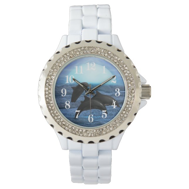 Delphine durch Mondlicht Armbanduhr (Vorderseite)