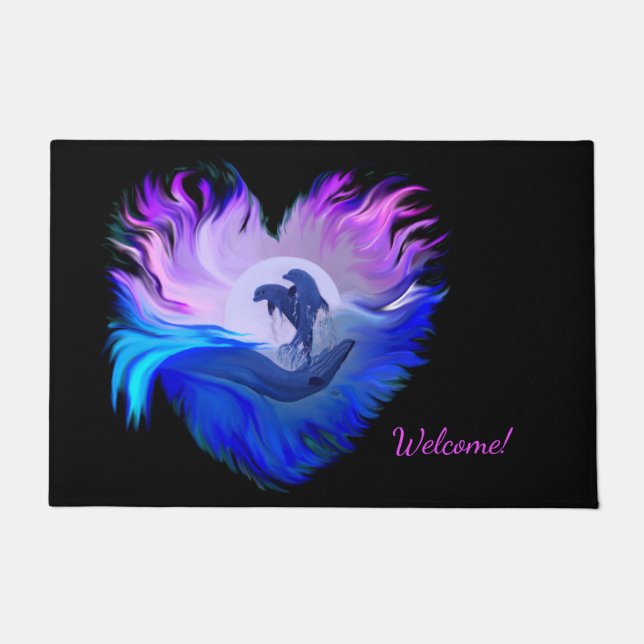 Delphine im Mondschein , Herz Fußmatte (Vorderseite)