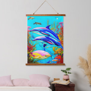 Delphine im Ozean mit schönem Korallenriff-Design Wandteppich Mit Holzrahmen