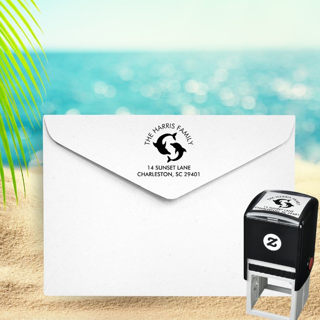 Delphine Silhouette Familienname Rücksendeadresse Permastempel (Dolphins silhouette family address stamp)