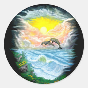 Delphine spielen im Sonnenschein Runder Aufkleber