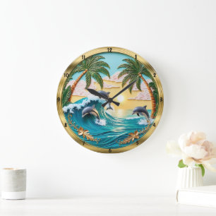 Delphine springen Ozeanwellen Sonnenuntergang Große Wanduhr