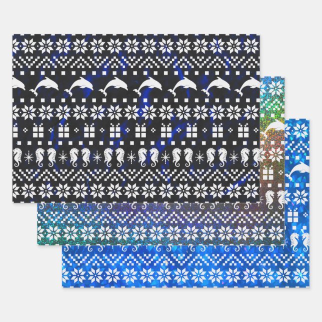 Delphine und Seepferde Blauer Weihnachten Gemuster Geschenkpapier Set (Set)