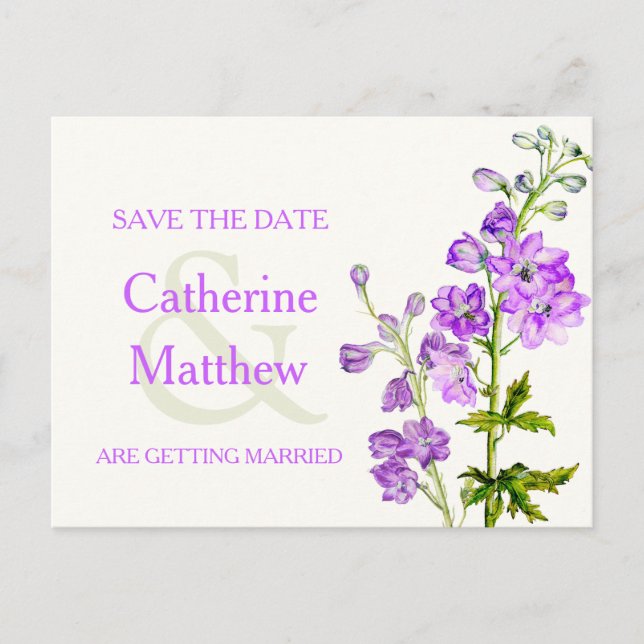 Delphinium art lila Blume Save the Date Karte (Vorderseite)