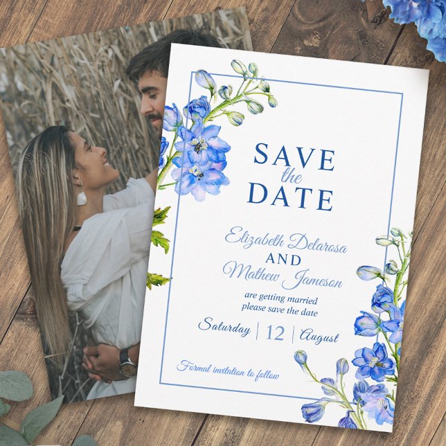 Delphinium bemalte Blaue Blume Foto Hochzeit Save The Date (Von Creator hochgeladen)