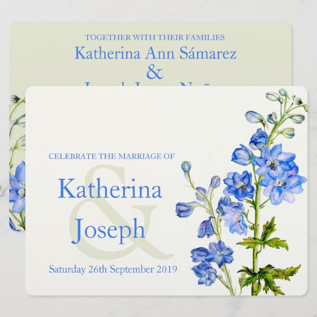 Delphinium-Blaue Hochzeit in Aquarellen Einladung (Vorne/Hinten)