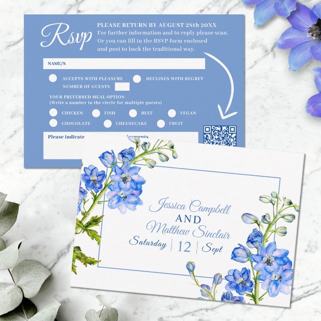 Delphinium-Blume Blaufarbige Hochzeit QR-Code RSVP Karte (Von Creator hochgeladen)