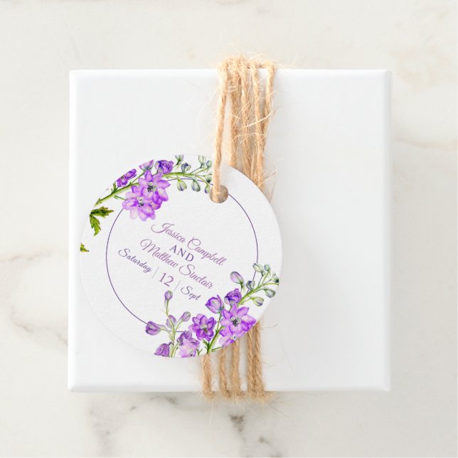 Delphinium Blume lila Aquarellkunst Hochzeit Geschenkanhänger (Beispiel)